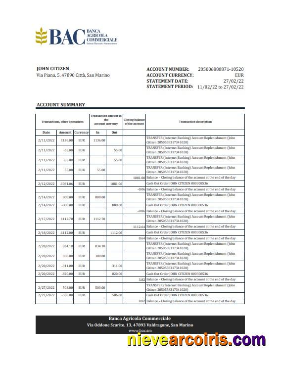 San Marino Banca Agricole Commerciale bank statement, Excel and PDF